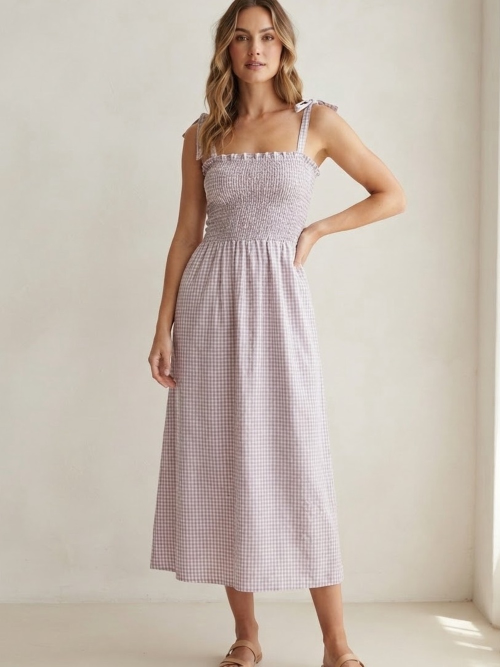 Simons Contemporaine Sz M Linen Blend Lilac Gingham Smocked Bust Midi Dress